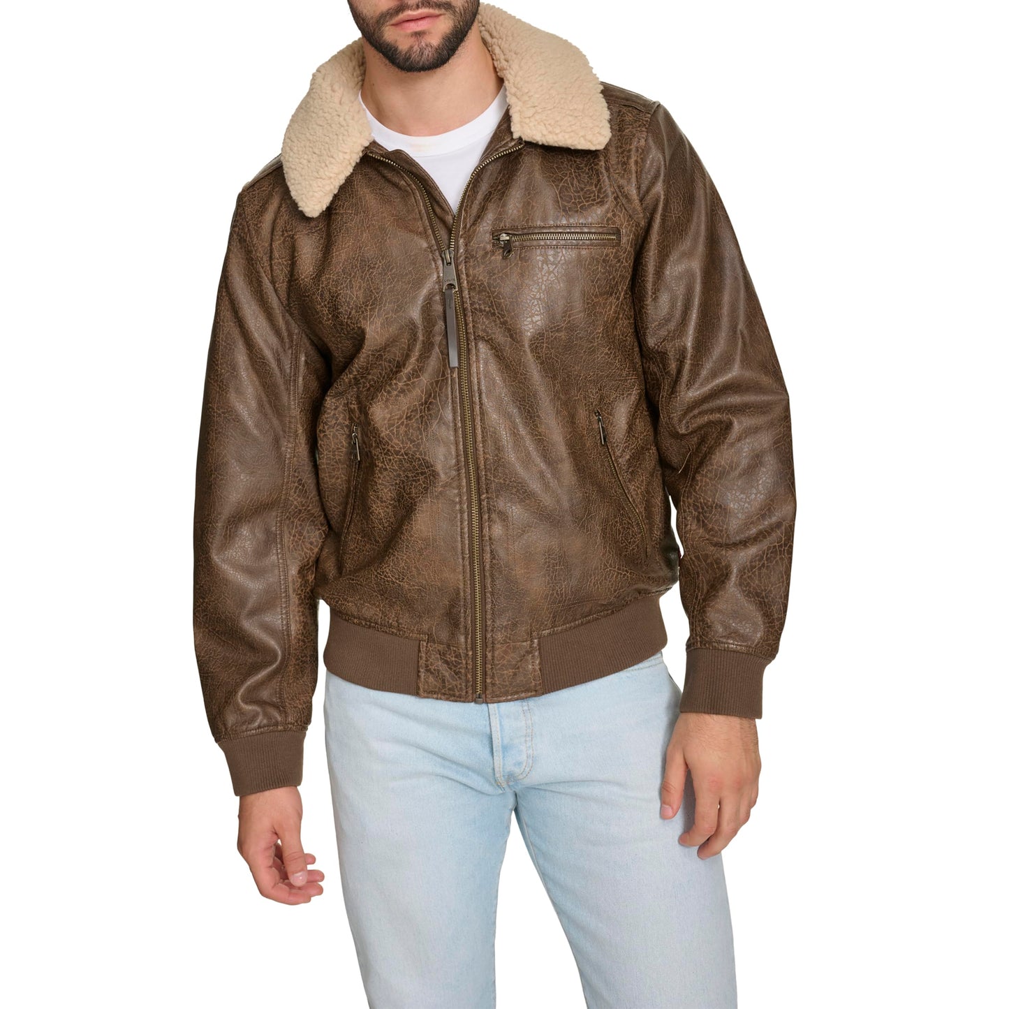 Sherpa Collar Faux Leather Aviator Jacket