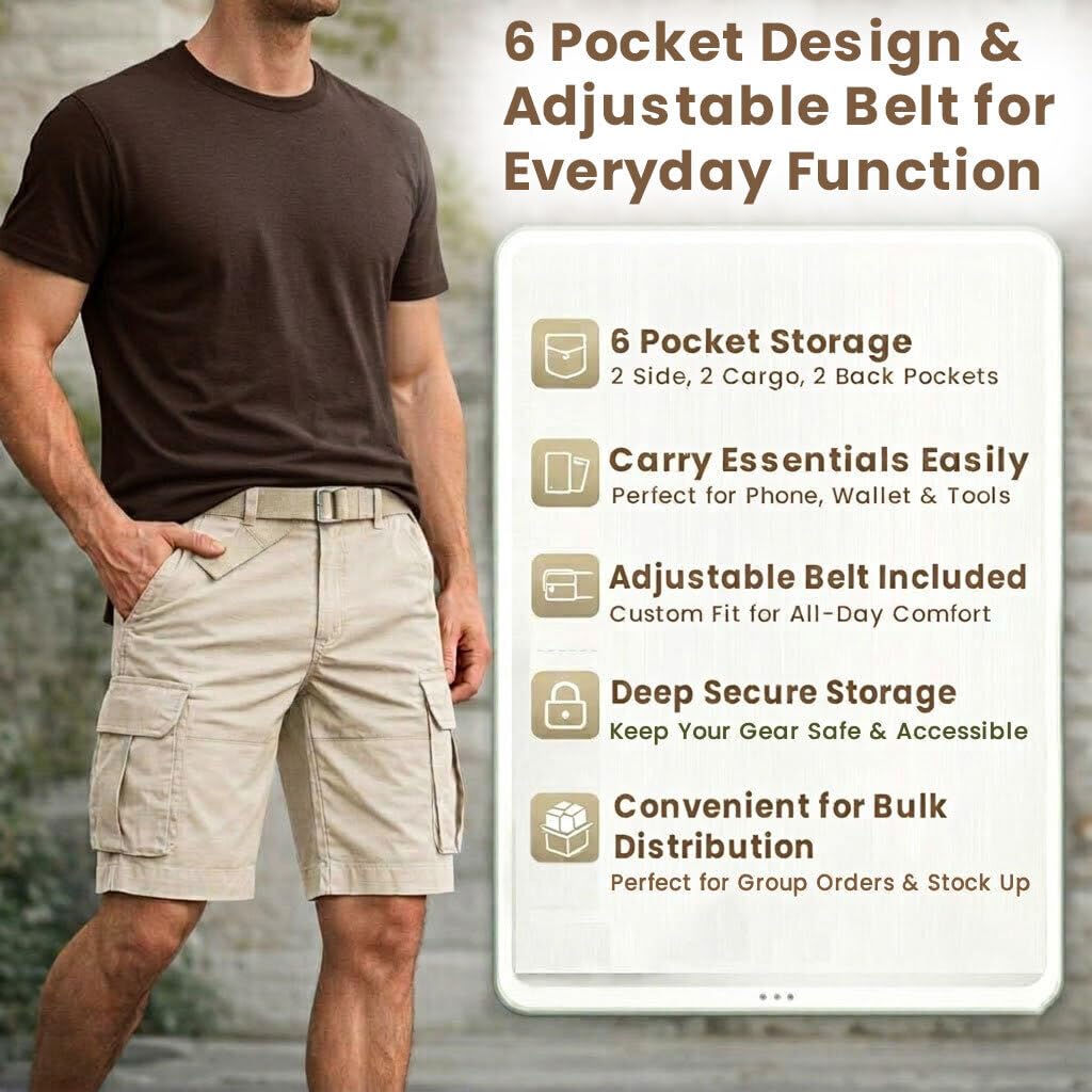 Six Pocket Adjustable Belt Cargo Shorts