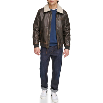 Sherpa Collar Faux Leather Aviator Jacket