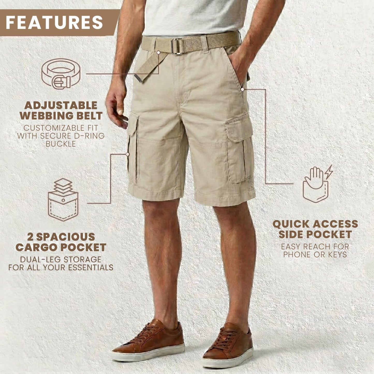 Six Pocket Adjustable Belt Cargo Shorts