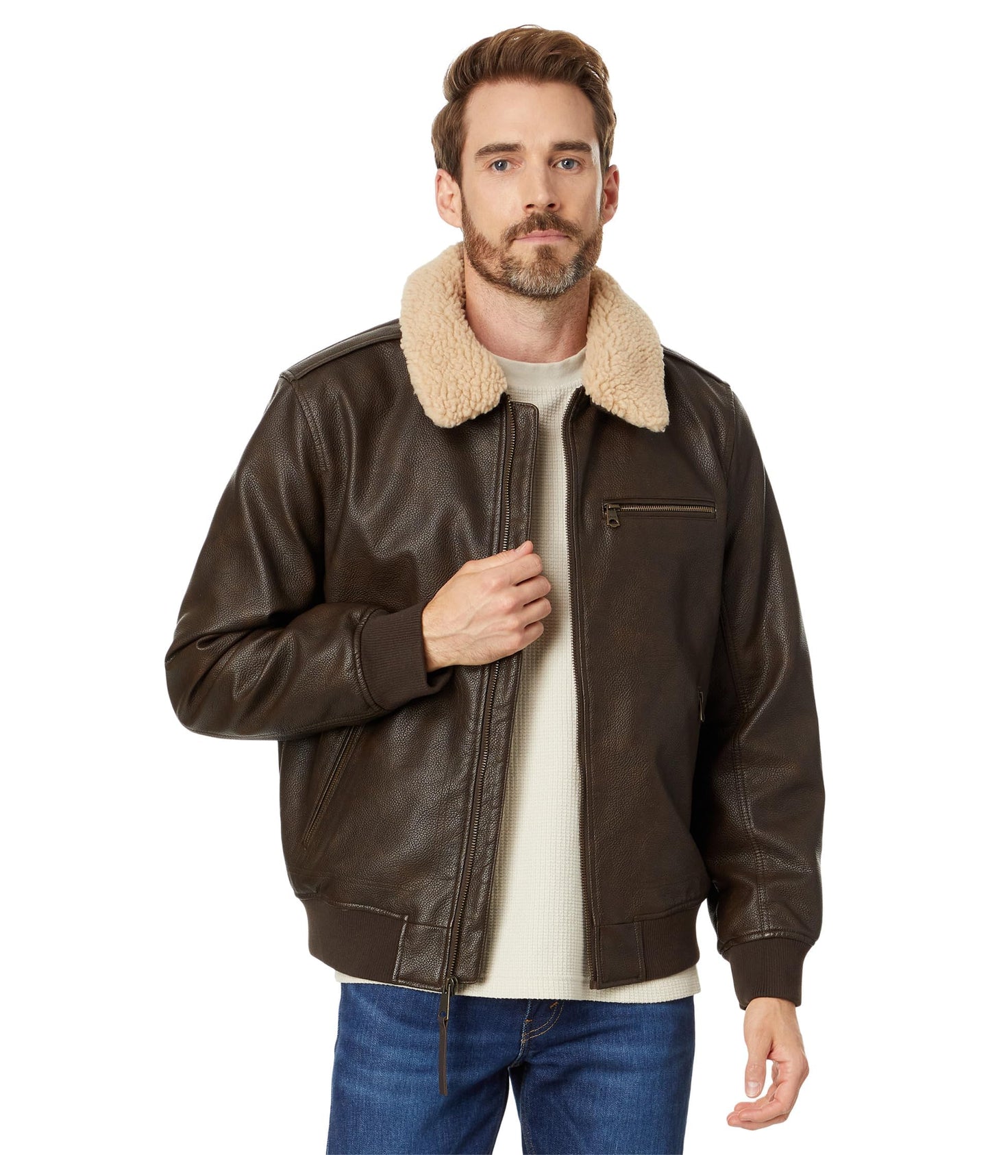 Sherpa Collar Faux Leather Aviator Jacket
