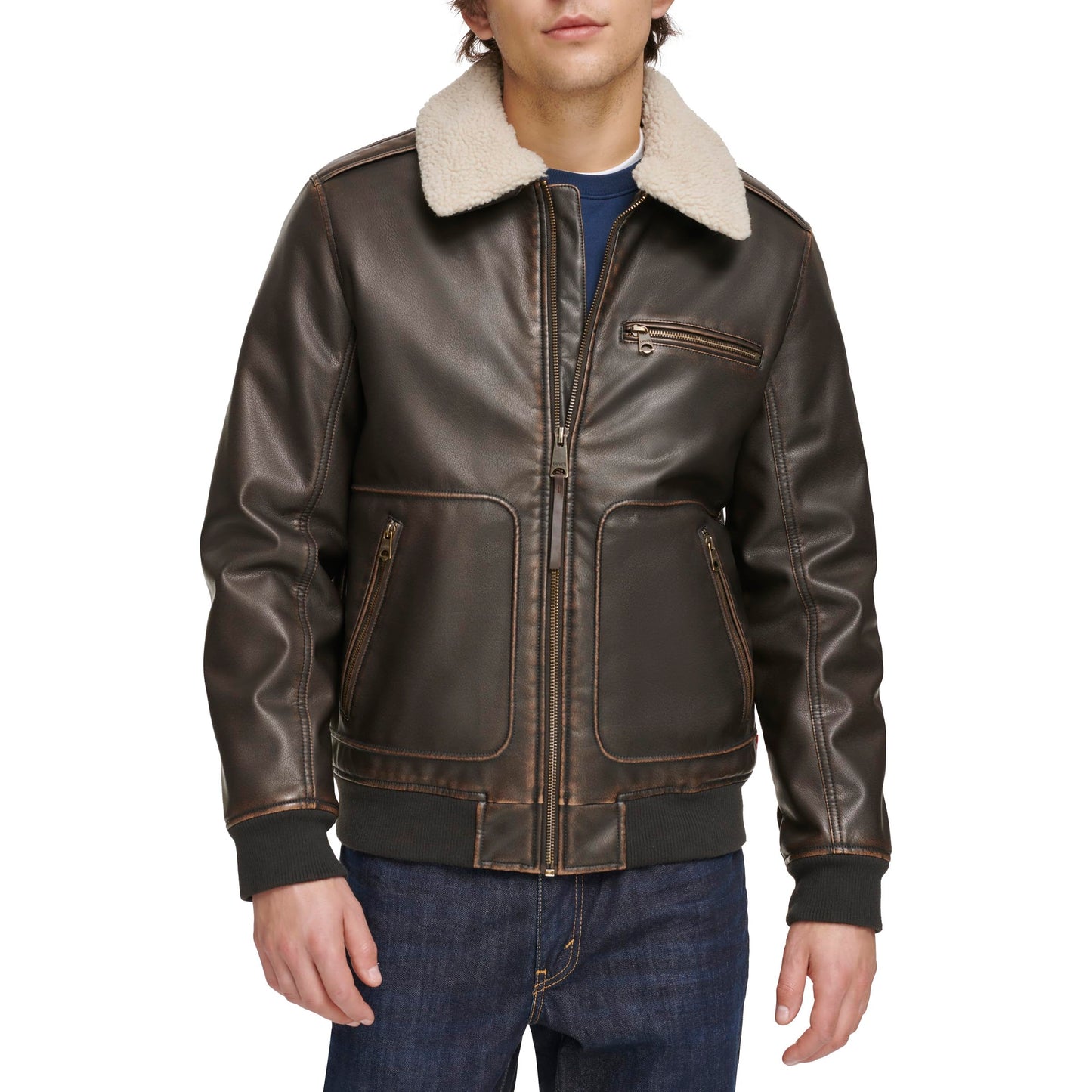 Sherpa Collar Faux Leather Aviator Jacket