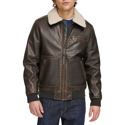 Sherpa Collar Faux Leather Aviator Jacket