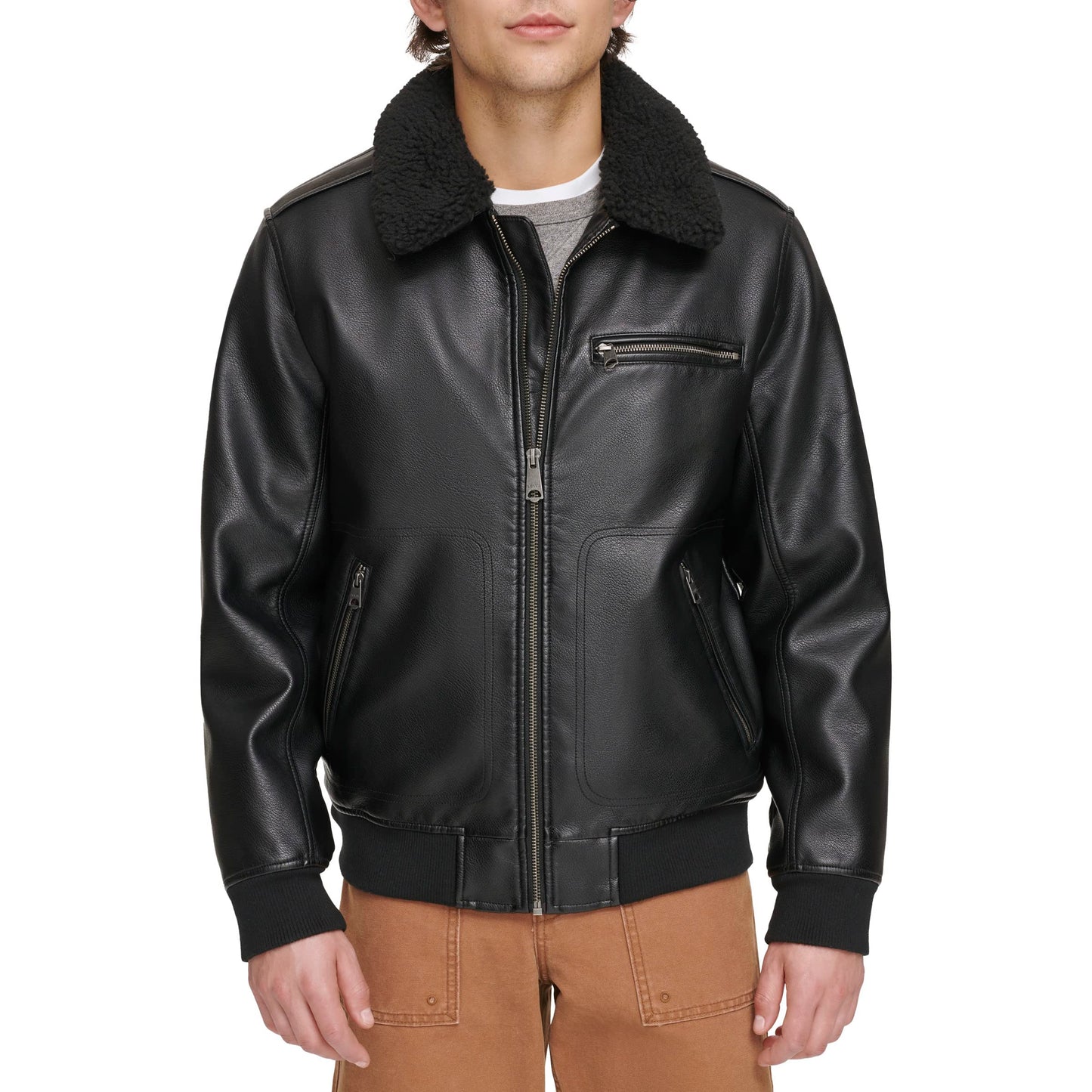 Sherpa Collar Faux Leather Aviator Jacket