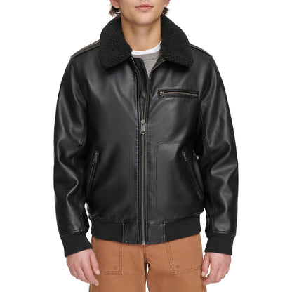 Sherpa Collar Faux Leather Aviator Jacket