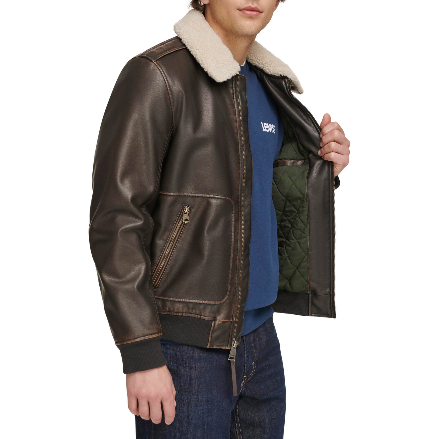 Sherpa Collar Faux Leather Aviator Jacket